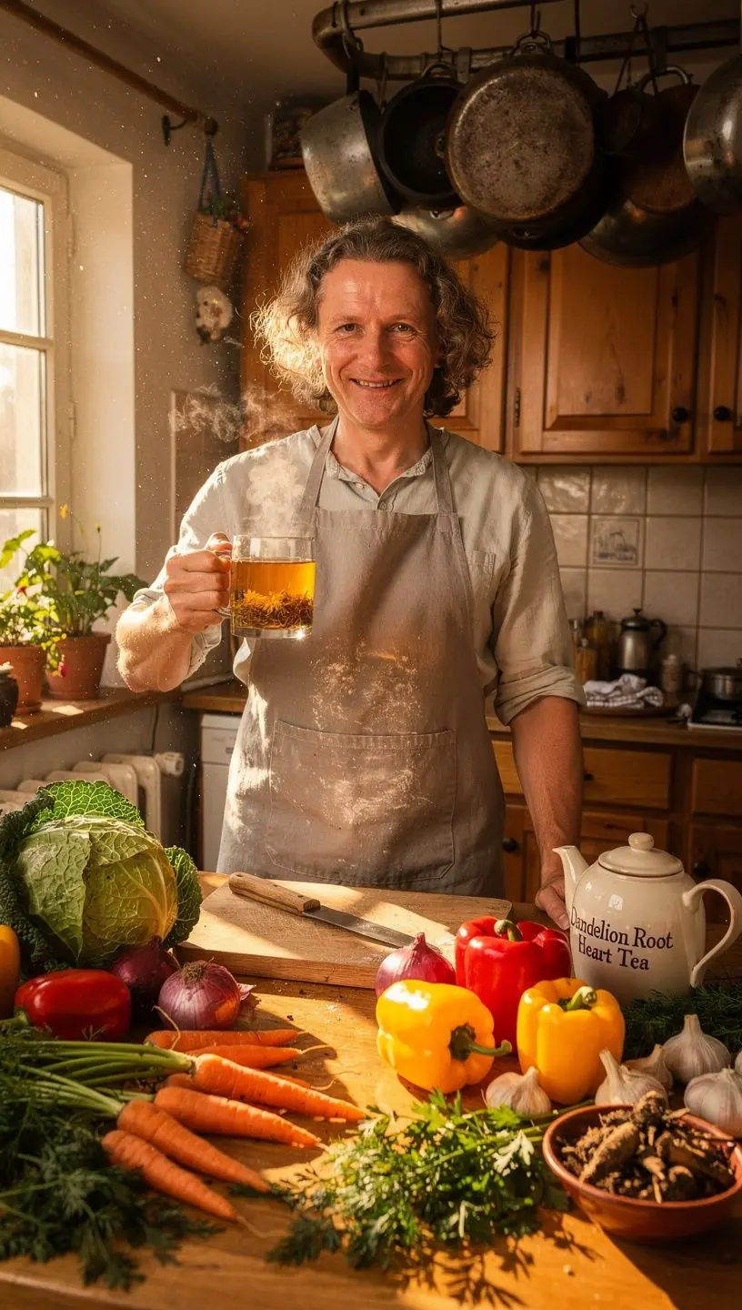 Pienės šaknų arbata puodelyje, aplink šviežios žalios žolės.