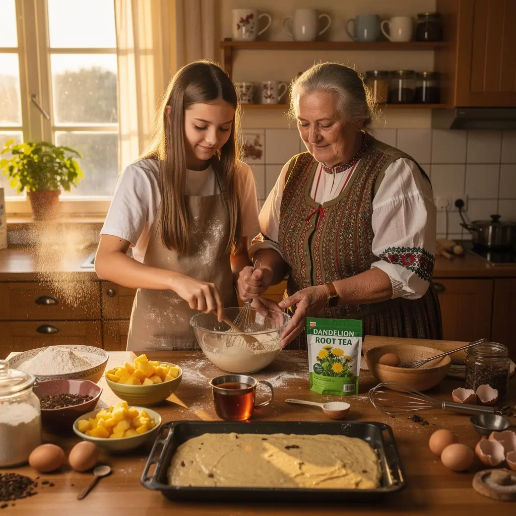 Pienėlių šaknų arbata, paruošta iš šviežių ingredientų, skirta širdies sveikatai.