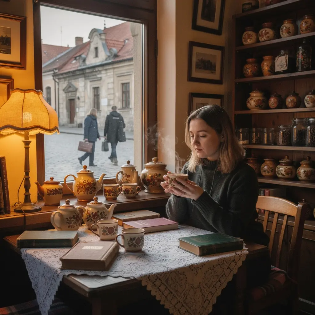 Šviežiai paruošta arbata puodelyje su pienečių šaknimis ir žolelėmis.