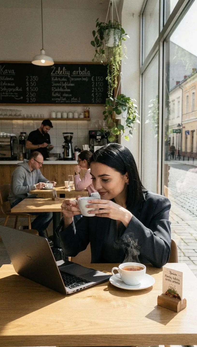 Pienėlių šaknų arbatos ruošimo procesas, vaizduojantis ingredientų derinimą.