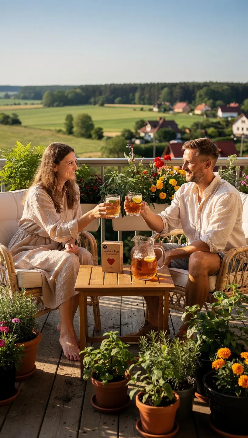 Arbatos puodelis su garuojančia pienėlių šaknų arbata, paliekantis sveiką poveikį.